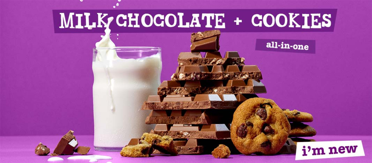 image of new flavor milk chocolate with chocolate chip cookies - milk, cookies and the chocolate bar featured in image