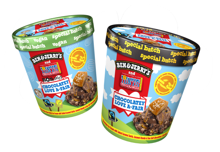 Ben & Jerry's chocolatey love a-fair caramel seasalt tub (dairy and vegan version)